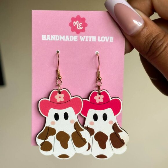 Cowgirl Ghost Earrings,  Pink Western Halloween Dangle Cute Spooky Kawaii - Picture 4 of 4